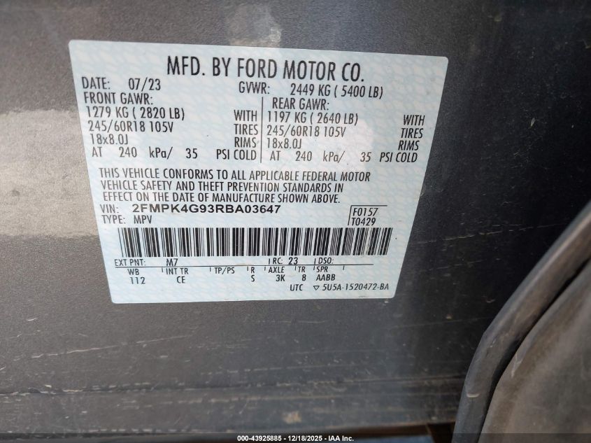 2024 Ford Edge Se VIN: 2FMPK4G93RBA03647 Lot: 43925885