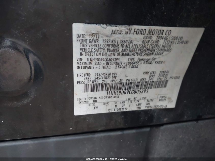 2012 Lincoln Mks VIN: 1LNHL9DR9CG805395 Lot: 43925886