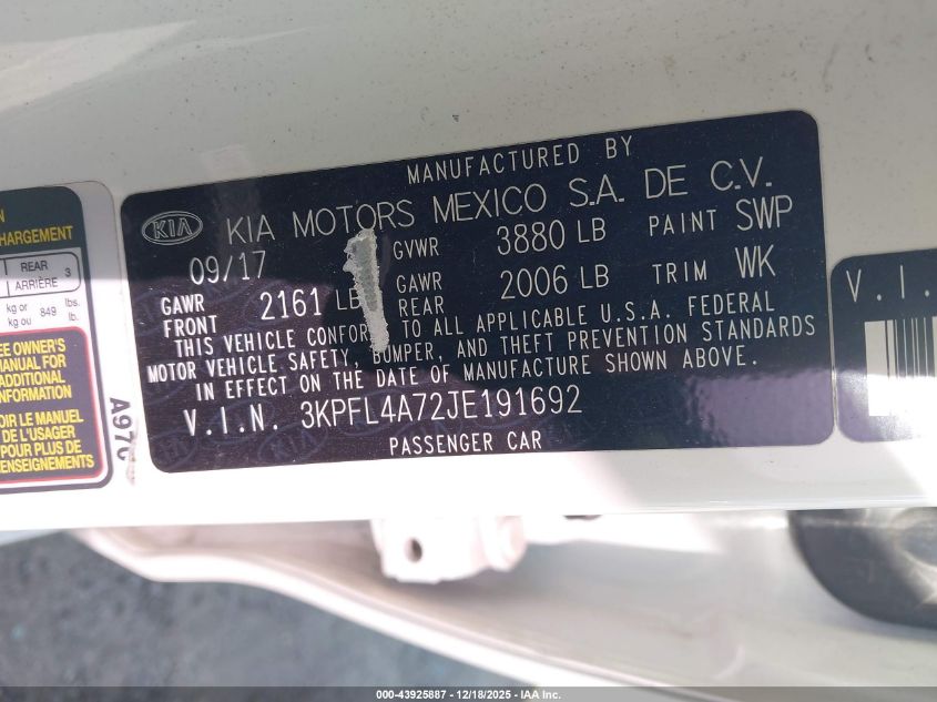 2018 Kia Forte Lx VIN: 3KPFL4A72JE191692 Lot: 43925887