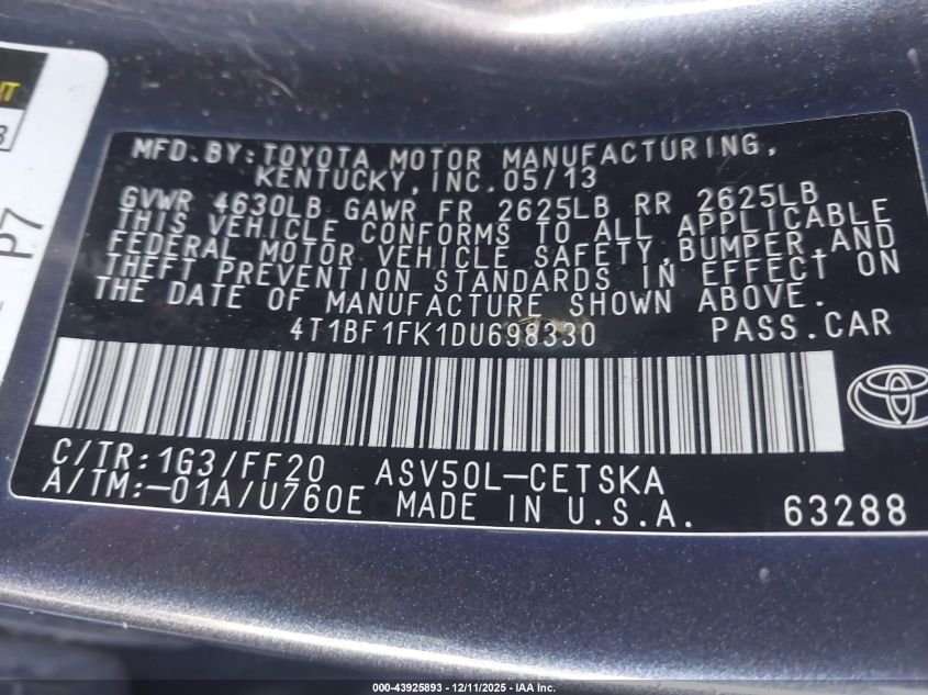 2013 Toyota Camry Se VIN: 4T1BF1FK1DU698330 Lot: 43925893
