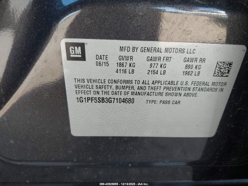 2016 Chevrolet Cruze Limited 2Lt Auto VIN: 1G1PF5SB3G7104680 Lot: 43925895