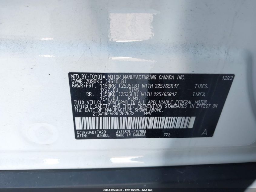 2024 Toyota Rav4 Xle VIN: 2T3W1RFV6RC262632 Lot: 43925898