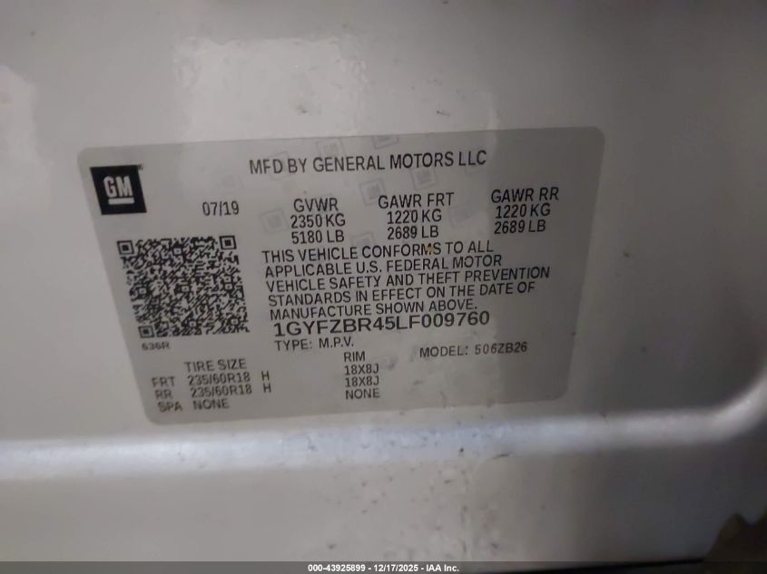 2020 Cadillac Xt4 Awd Luxury VIN: 1GYFZBR45LF009760 Lot: 43925899