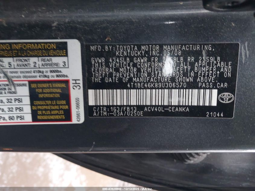 2009 Toyota Camry Le VIN: 4T1BE46K89U306570 Lot: 43925900