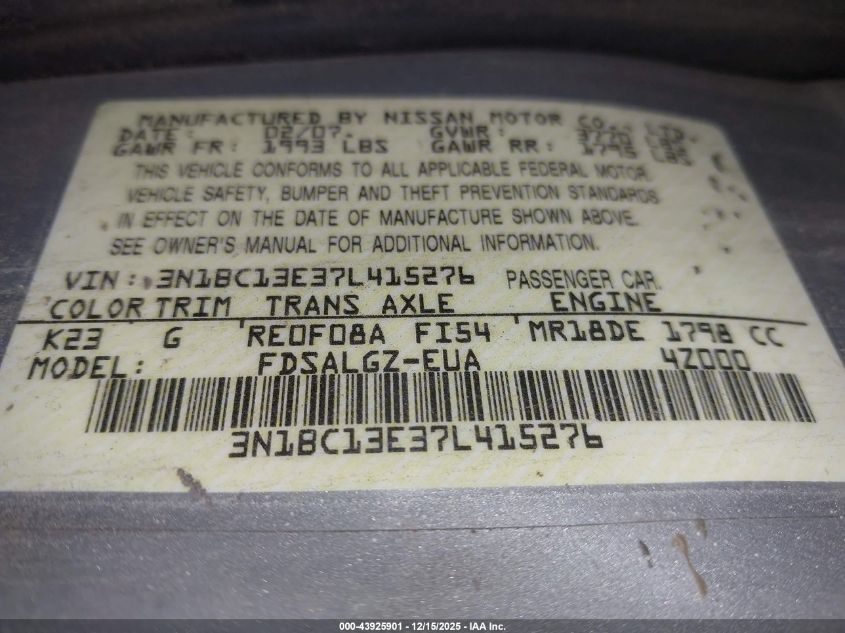 2007 Nissan Versa 1.8Sl VIN: 3N1BC13E37L415276 Lot: 43925901