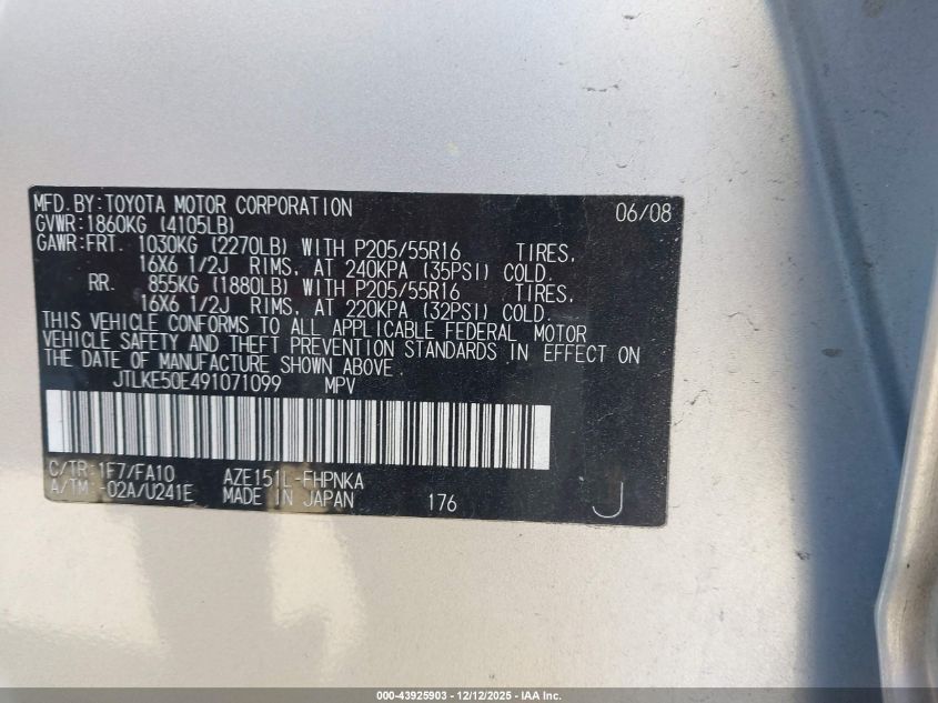 2009 Scion Xb VIN: JTLKE50E491071099 Lot: 43925903