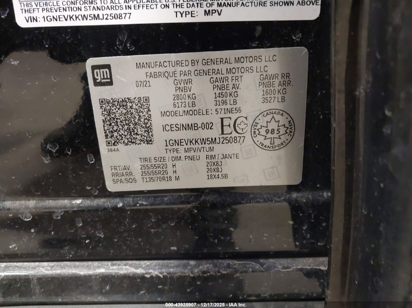 2021 Chevrolet Traverse Awd Premier VIN: 1GNEVKKW5MJ250877 Lot: 43925907