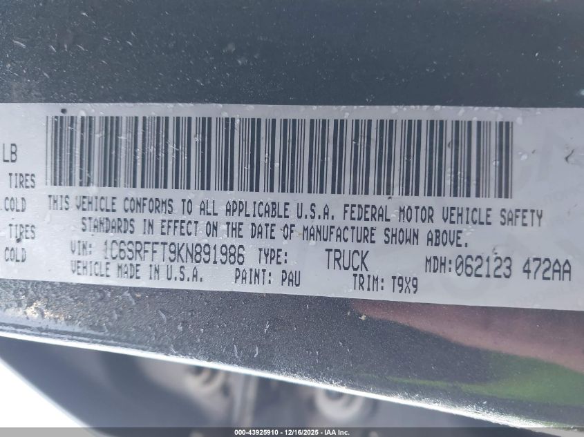 2019 Ram 1500 Big Horn/Lone Star 4X4 5'7 Box VIN: 1C6SRFFT9KN891986 Lot: 43925910