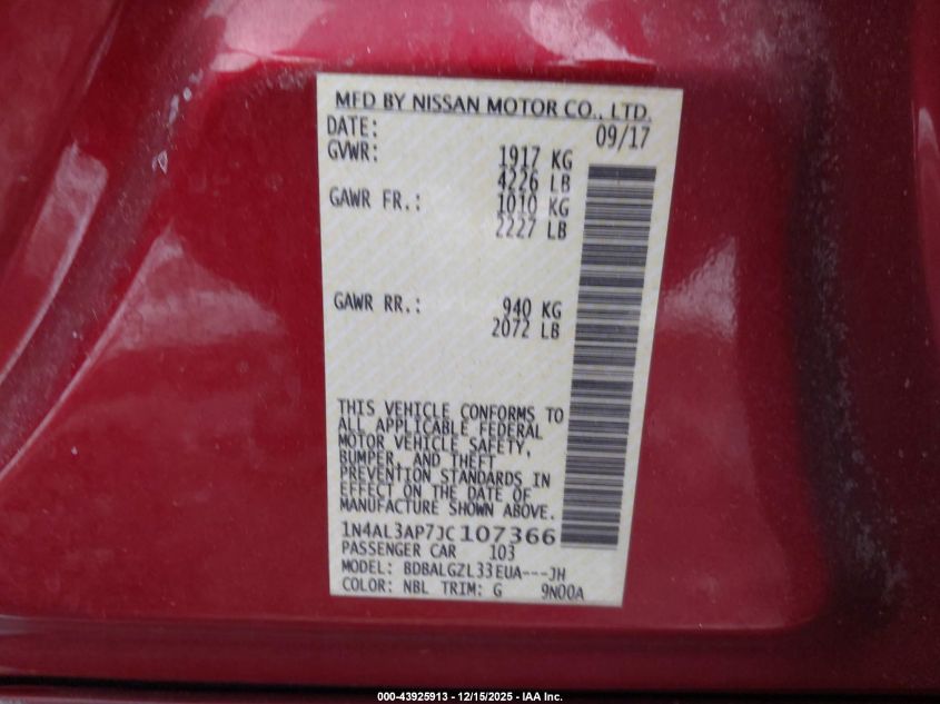 2018 Nissan Altima 2.5 S VIN: 1N4AL3AP7JC107366 Lot: 43925913