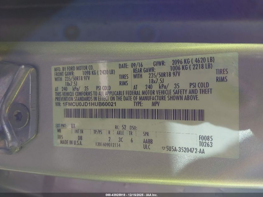 2017 Ford Escape Titanium VIN: 1FMCU0JD1HUB60021 Lot: 43925918