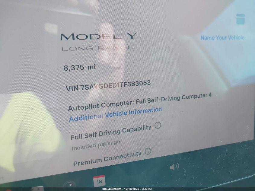 2026 Tesla Model Y Long Range Dual Motor All-Wheel Drive VIN: 7SAYGDED1TF383053 Lot: 43925921