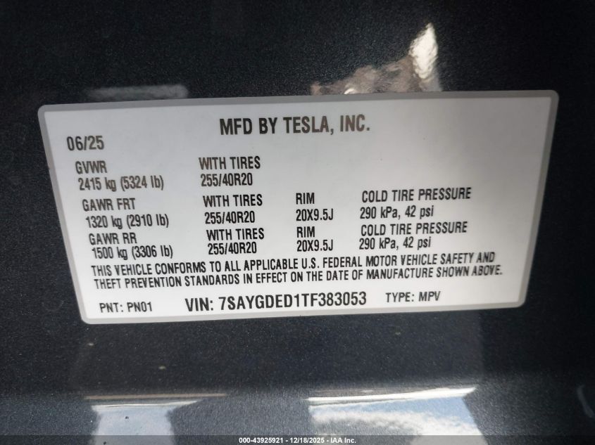 2026 Tesla Model Y Long Range Dual Motor All-Wheel Drive VIN: 7SAYGDED1TF383053 Lot: 43925921