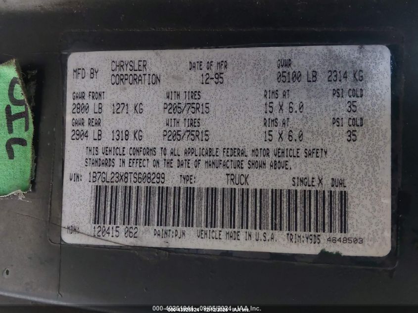 1996 Dodge Dakota VIN: 1B7GL23X8TS608299 Lot: 43925924