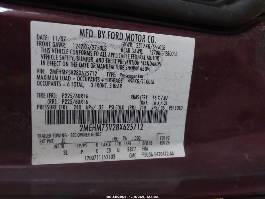 2008 Mercury Grand Marquis Ls VIN: 2MEHM75V28X625712 Lot: 43925923