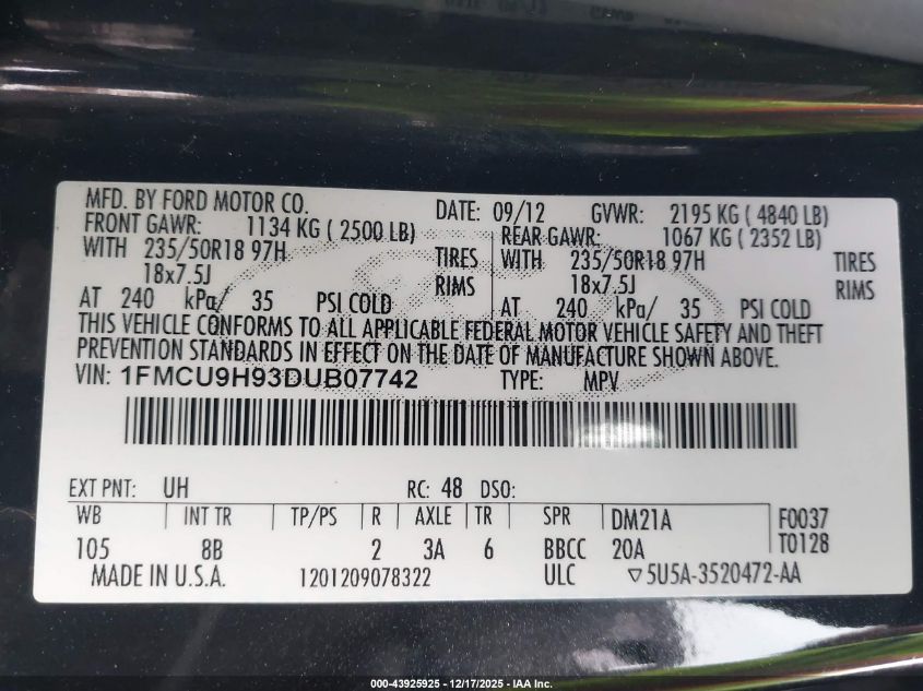 2013 Ford Escape Sel VIN: 1FMCU9H93DUB07742 Lot: 43925925