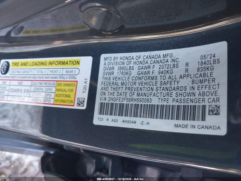 2024 Honda Civic Sport VIN: 2HGFE2F56RH590063 Lot: 43925927