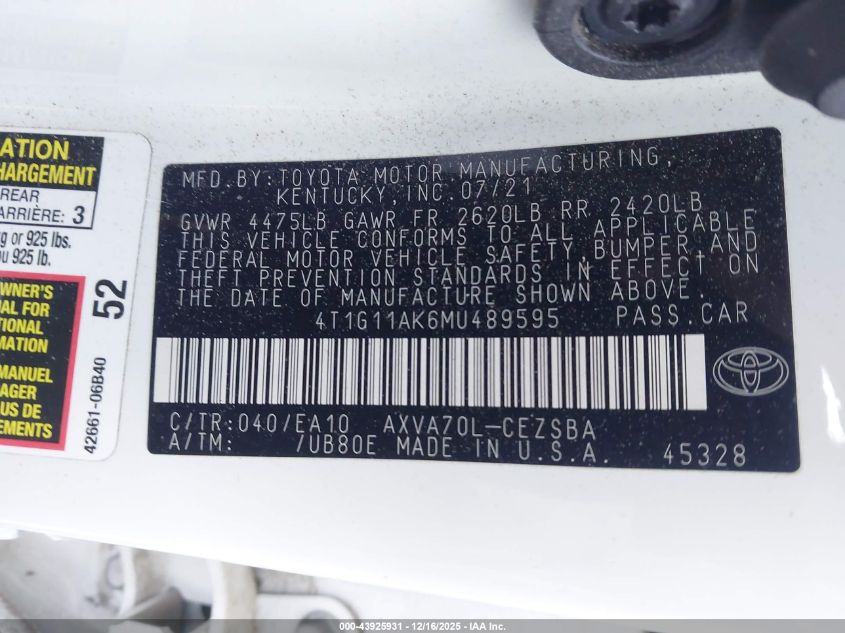 2021 Toyota Camry Se VIN: 4T1G11AK6MU489595 Lot: 43925931
