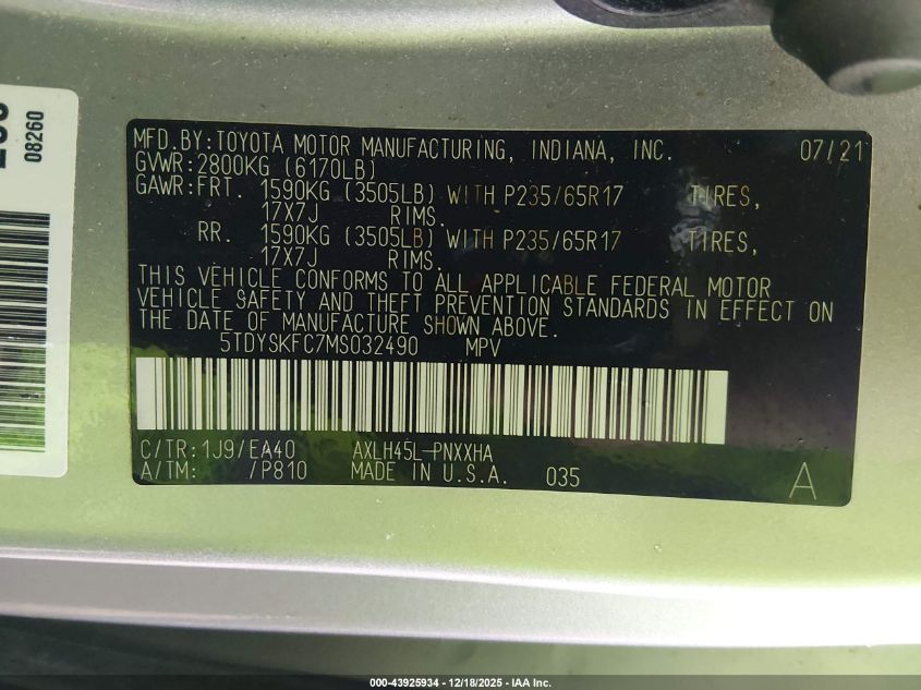 2021 Toyota Sienna Xle VIN: 5TDYSKFC7MS032490 Lot: 43925934