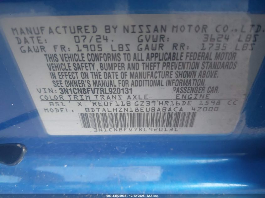 2024 Nissan Versa 1.6 Sr VIN: 3N1CN8FV7RL920131 Lot: 43925935