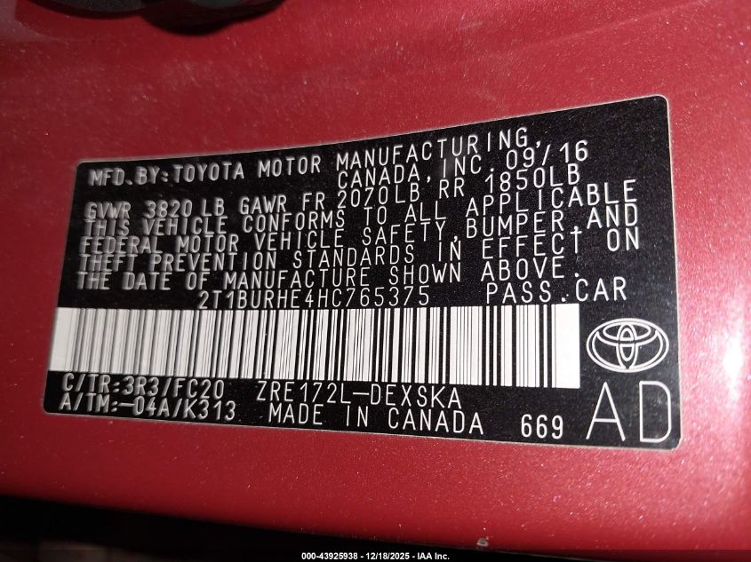 2017 Toyota Corolla Se VIN: 2T1BURHE4HC765375 Lot: 43925938