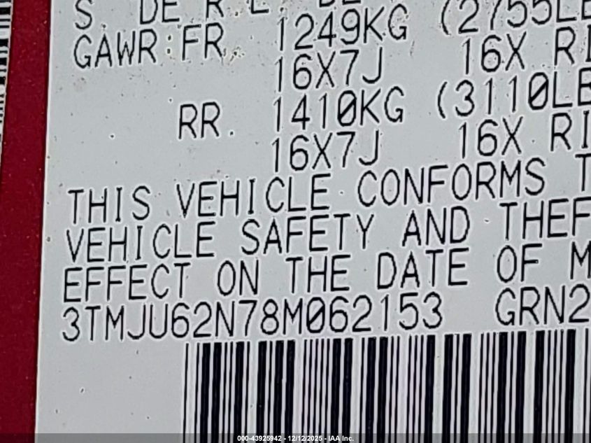 2008 Toyota Tacoma Prerunner V6 VIN: 3TMJU62N78M062153 Lot: 43925942