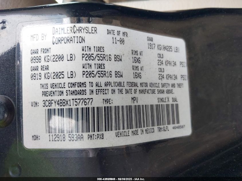 2001 Chrysler Pt Cruiser VIN: 3C8FY4BBX1T577677 Lot: 43925945