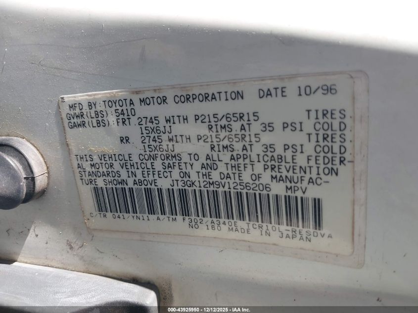 1997 Toyota Previa Dx S/C VIN: JT3GK12M9V1256206 Lot: 43925950