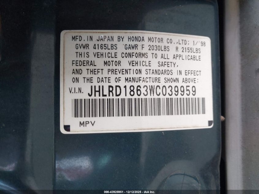 1998 Honda Cr-V Ex VIN: JHLRD1863WC039959 Lot: 43925951