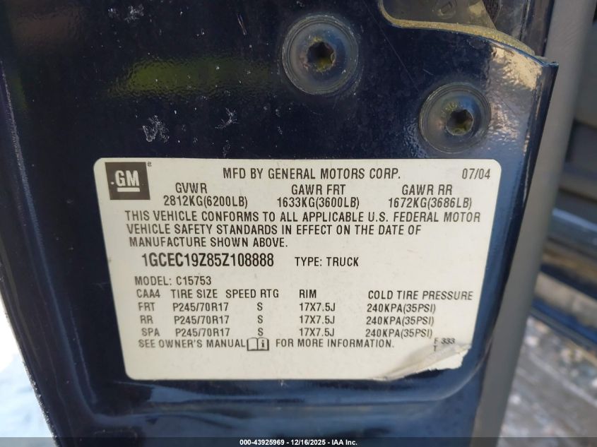 2005 Chevrolet Silverado 1500 Ls VIN: 1GCEC19Z85Z108888 Lot: 43925969