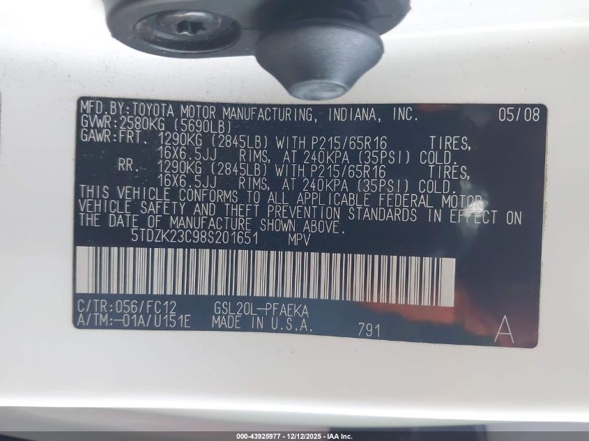 2008 Toyota Sienna Le VIN: 5TDZK23C98S201651 Lot: 43925977