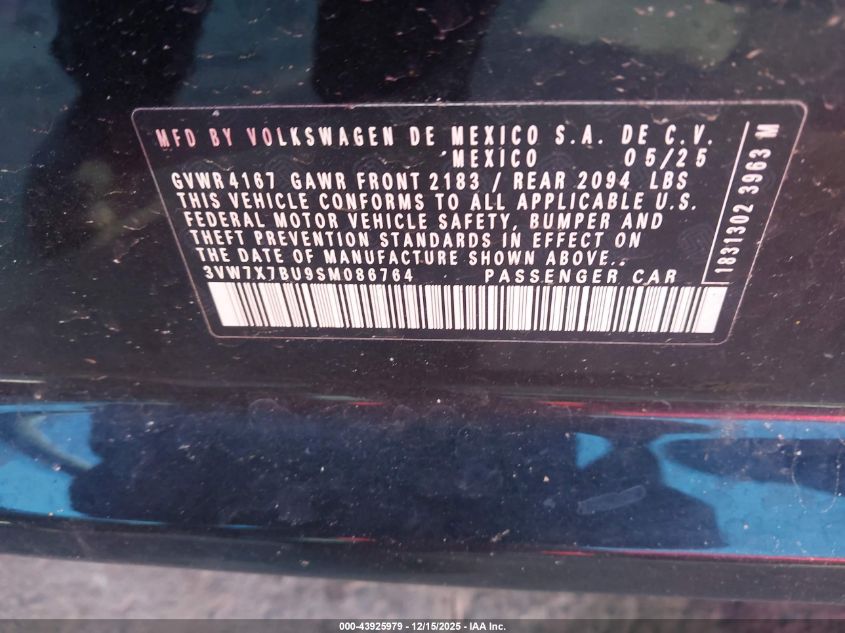 2025 Volkswagen Jetta 1.5T Se VIN: 3VW7X7BU9SM086764 Lot: 43925979