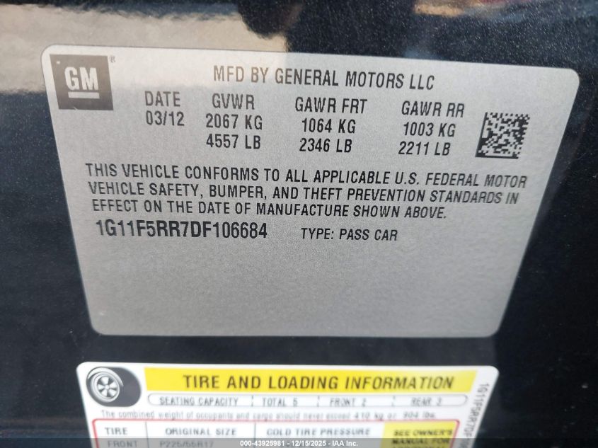 2013 Chevrolet Malibu Eco Premium Audio VIN: 1G11F5RR7DF106684 Lot: 43925981