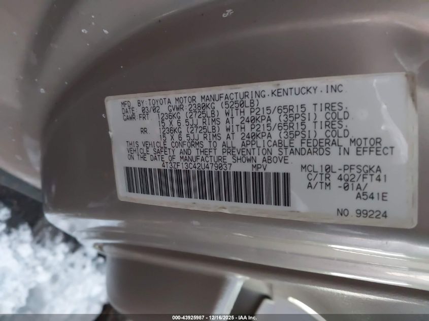 2002 Toyota Sienna Le VIN: 4T3ZF13C42U479037 Lot: 43925987