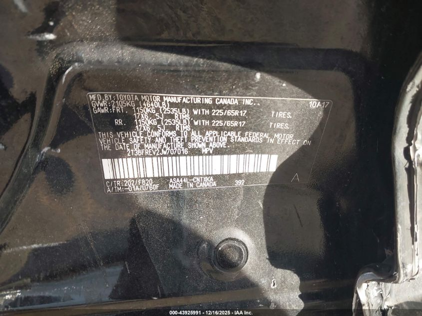 2018 Toyota Rav4 Le VIN: 2T3BFREV2JW707016 Lot: 43925991