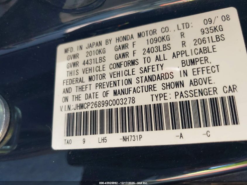 2009 Honda Accord 2.4 Ex-L VIN: JHMCP26899C003278 Lot: 43925992