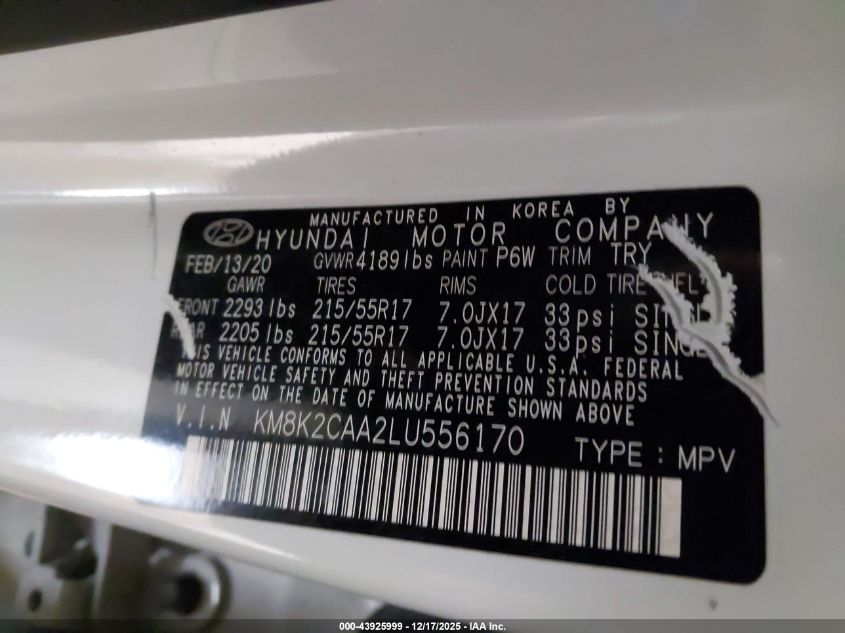 2020 Hyundai Kona Sel VIN: KM8K2CAA2LU556170 Lot: 43925999
