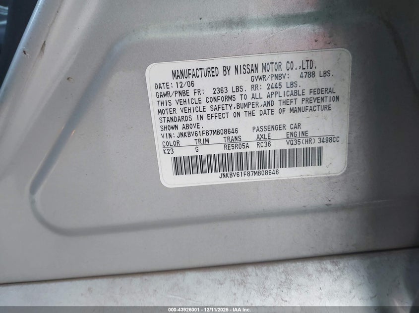 2007 Infiniti G35X VIN: JNKBV61F87M808646 Lot: 43926001