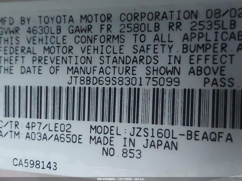 2003 Lexus Gs 300 VIN: JT8BD69S830175099 Lot: 43926003