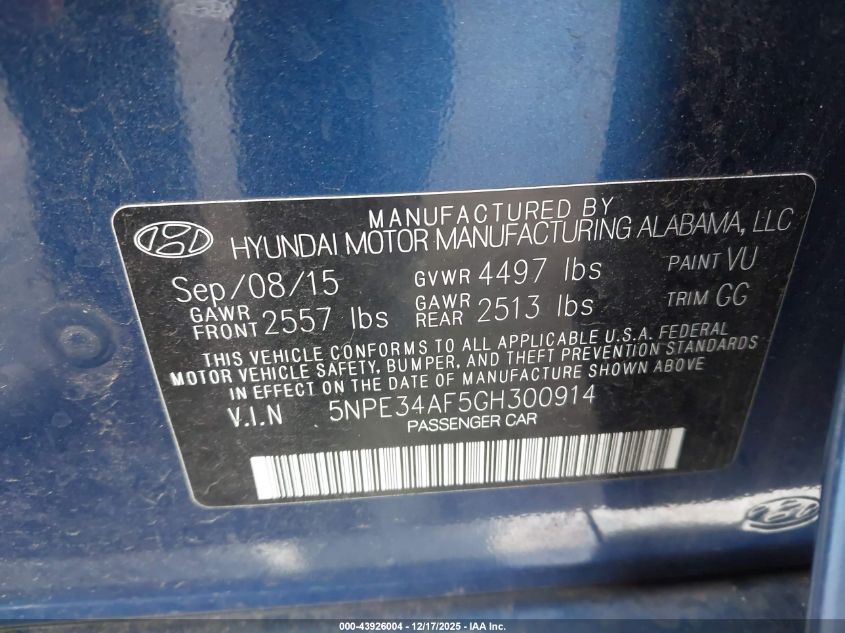 2016 Hyundai Sonata Sport VIN: 5NPE34AF5GH300914 Lot: 43926004