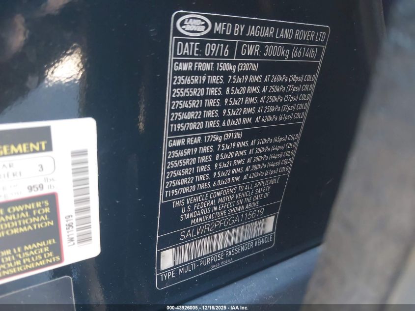 2016 Land Rover Range Rover Sport 3.0L V6 Supercharged Hse VIN: SALWR2PF0GA115619 Lot: 43926005