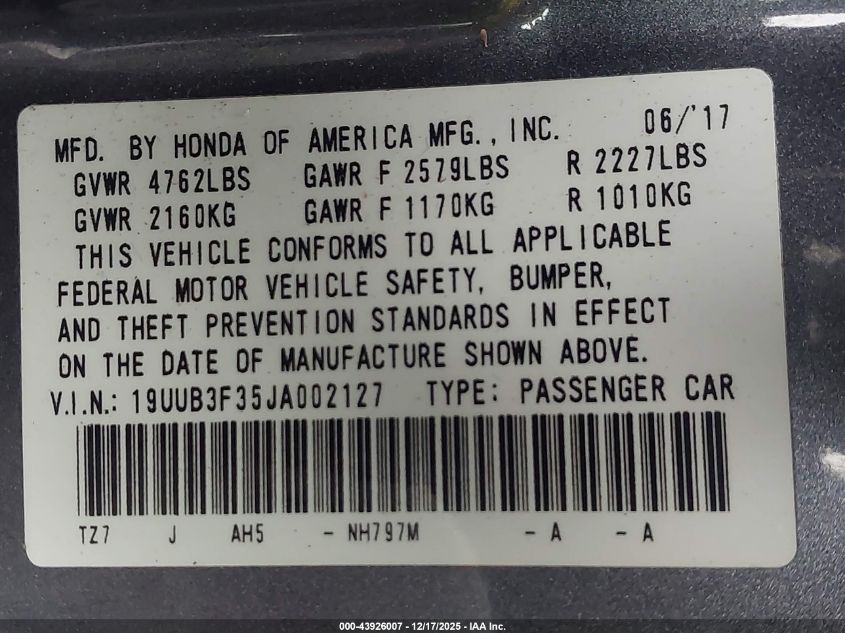 2018 Acura Tlx VIN: 19UUB3F35JA002127 Lot: 43926007