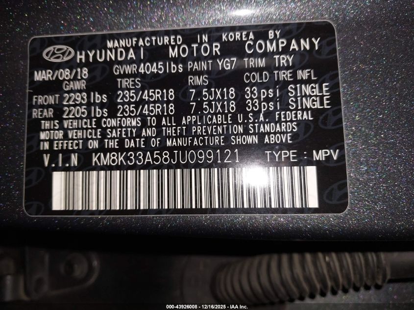 2018 Hyundai Kona Limited VIN: KM8K33A58JU099121 Lot: 43926008