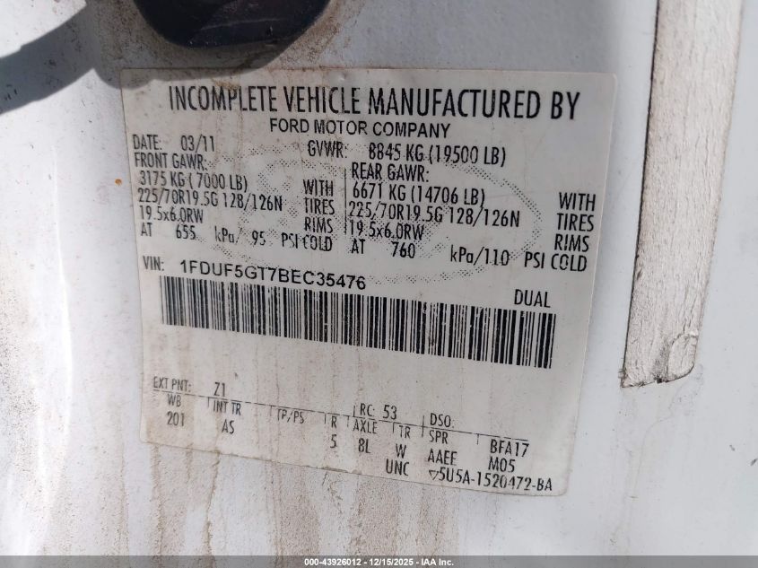 2011 Ford F-550 Chassis Xl VIN: 1FDUF5GT7BEC35476 Lot: 43926012
