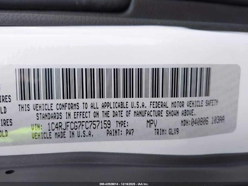 2015 Jeep Grand Cherokee Overland VIN: 1C4RJFCG7FC757159 Lot: 43926014