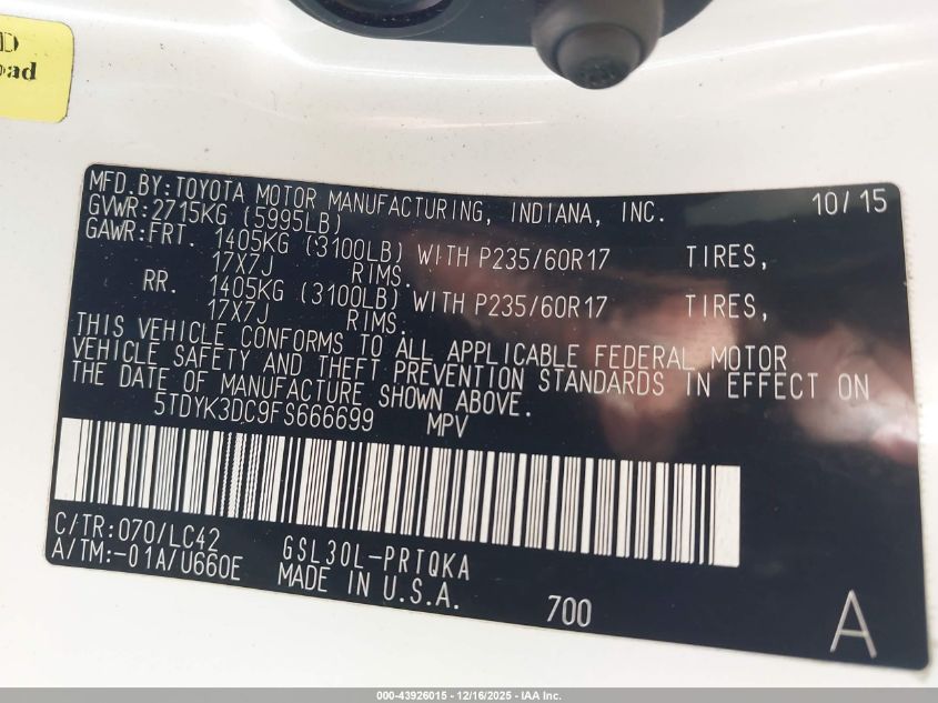 2015 Toyota Sienna Xle Premium 8 Passenger VIN: 5TDYK3DC9FS666699 Lot: 43926015