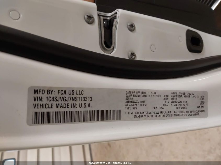 2022 Jeep Grand Wagoneer Series Iii 4X4 VIN: 1C4SJVGJ7NS113313 Lot: 43926020