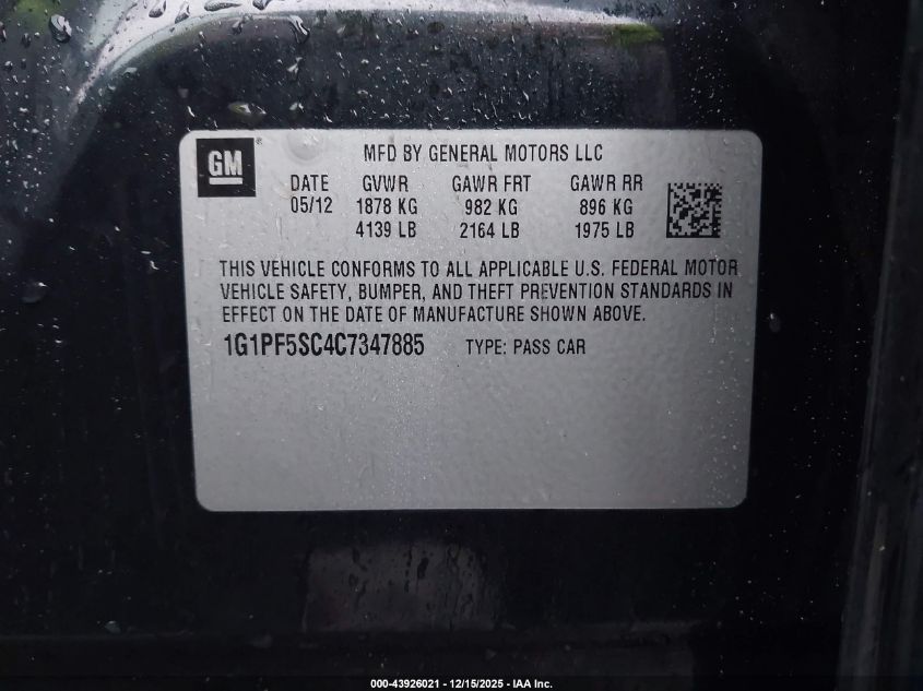 2012 Chevrolet Cruze 1Lt VIN: 1G1PF5SC4C7347885 Lot: 43926021