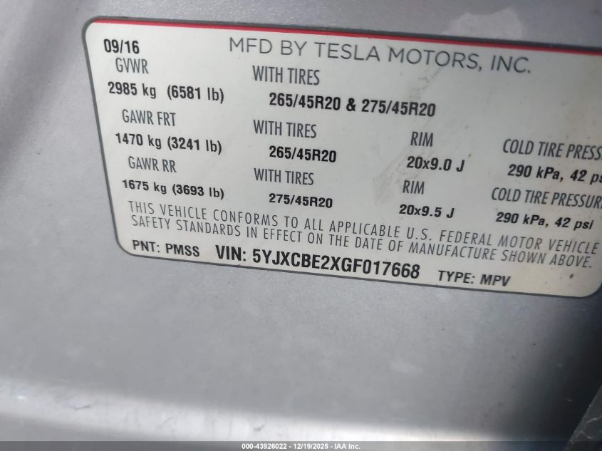 2016 Tesla Model X 60D/70D/75D/90D/P100D VIN: 5YJXCBE2XGF017668 Lot: 43926022