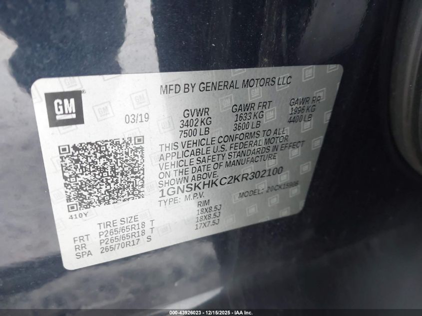 2019 Chevrolet Suburban Lt VIN: 1GNSKHKC2KR302100 Lot: 43926023