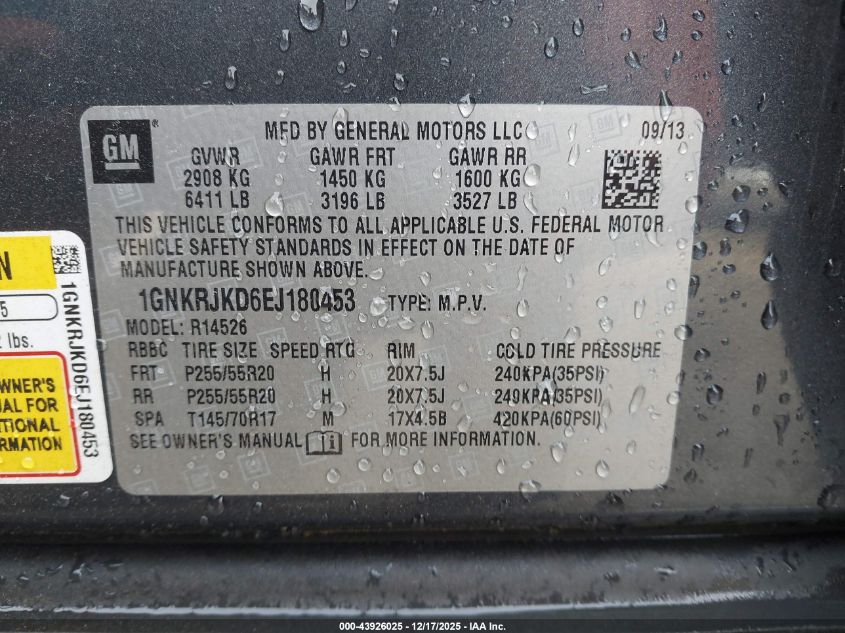 2014 Chevrolet Traverse Ltz VIN: 1GNKRJKD6EJ180453 Lot: 43926025